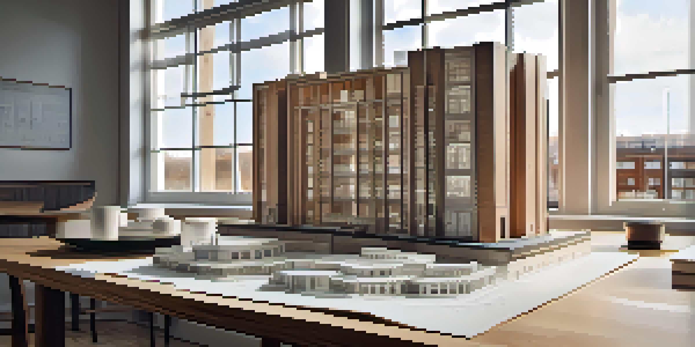 A scale model of a modern architectural building on a wooden table with sketches and blueprints around it, illuminated by natural light.