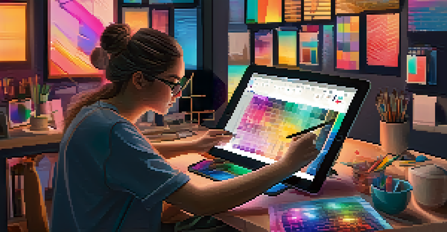 A digital artist creating art on a tablet with a grid overlay, surrounded by colorful art tools.