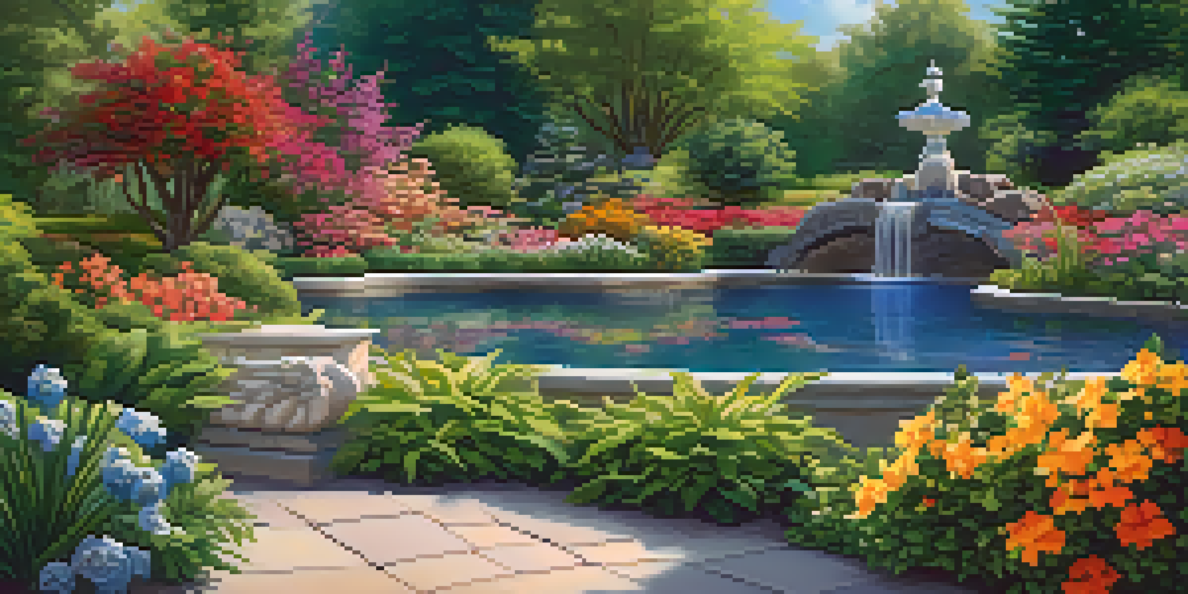 A beautifully designed virtual garden filled with colorful flowers and lush plants, with a serene water feature under a clear blue sky.