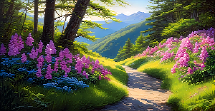 A picturesque spring hiking trail adorned with colorful wildflowers and lush greenery under a bright blue sky.