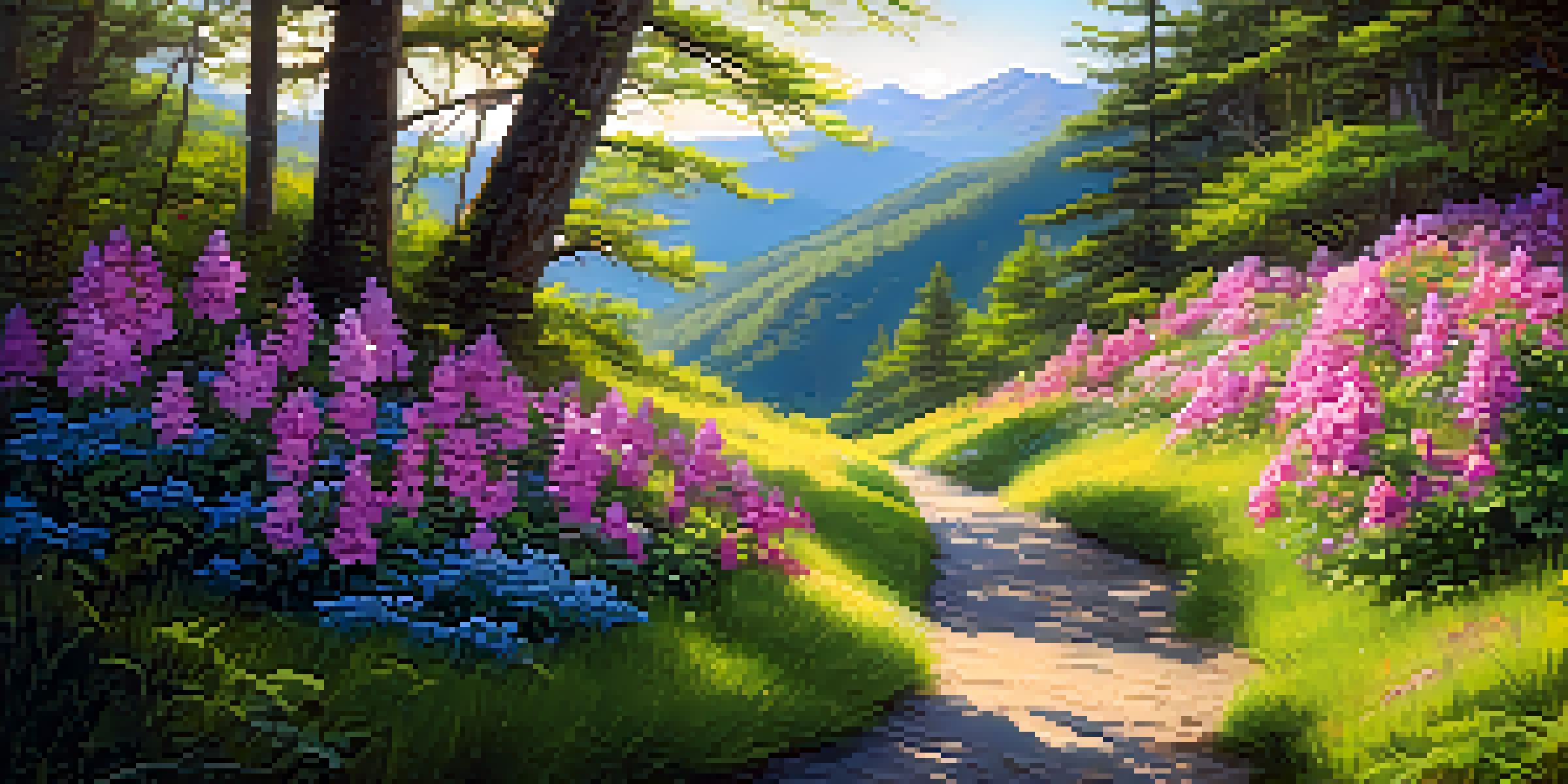 A picturesque spring hiking trail adorned with colorful wildflowers and lush greenery under a bright blue sky.