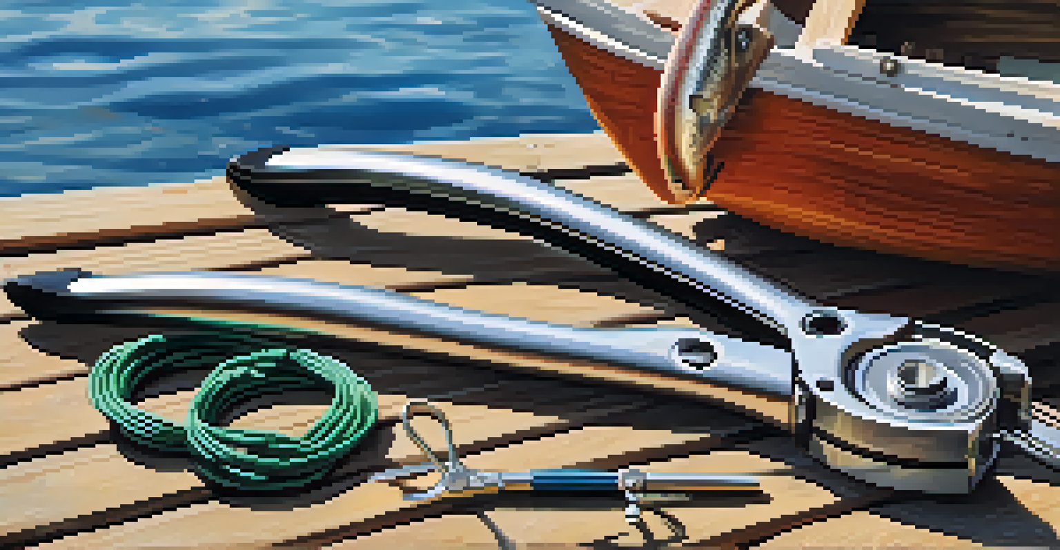 Stainless steel fishing pliers on a wooden dock, surrounded by fishing gear and a peaceful water scene.