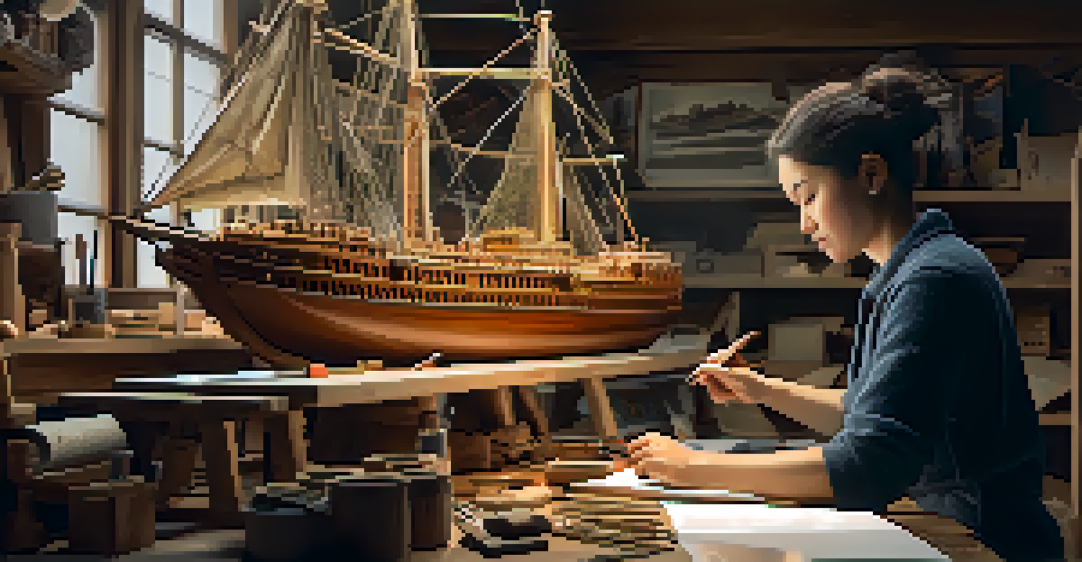 A scale modeler working on a detailed ship model at a well-lit workspace, surrounded by tools and reference images.
