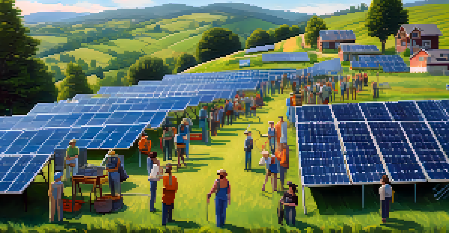 Residents standing in front of a solar farm, showcasing solar panels and green hills in the background.