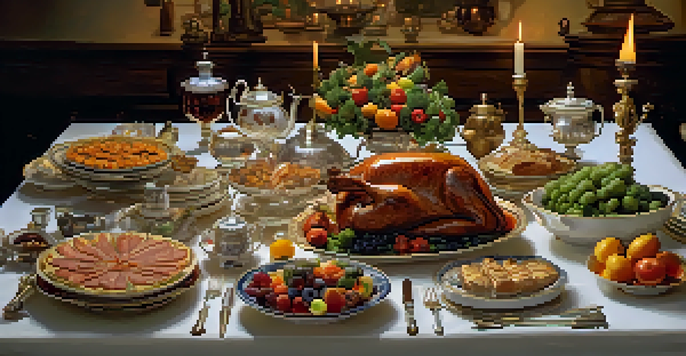 A 17th-century dining table filled with a variety of dishes including roasted meats and pastries, illuminated by soft candlelight.
