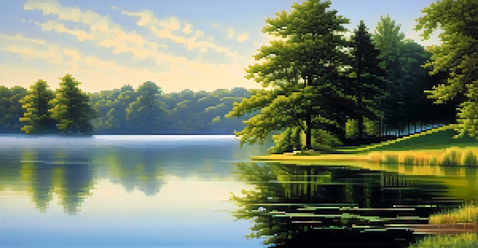 A tranquil lake with lush green trees and a clear blue sky, featuring light mist over the water.