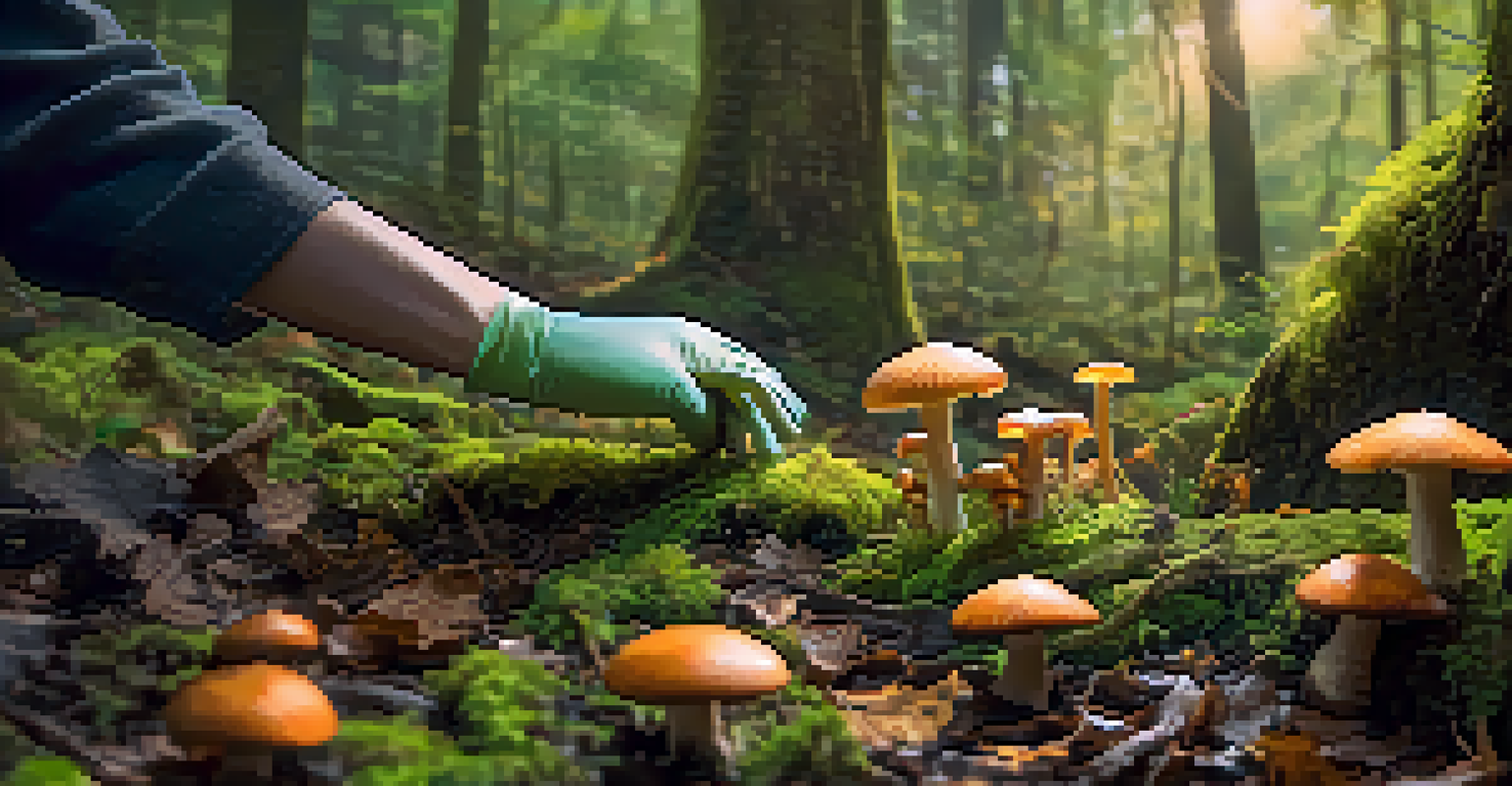 A close-up of hands in gloves picking wild mushrooms in a mossy forest.