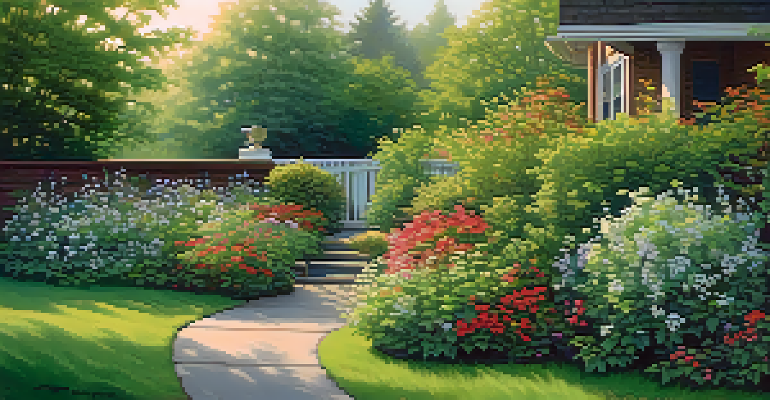 A cozy garden corner with blackberry bushes and blooming plants, showcasing songbirds peeking through the foliage in soft evening light.