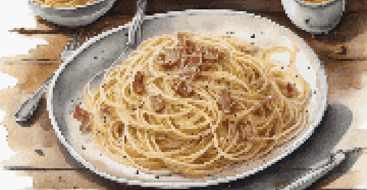A plate of Spaghetti Carbonara with spaghetti, creamy sauce, and crispy pancetta, presented on a rustic Italian backdrop.