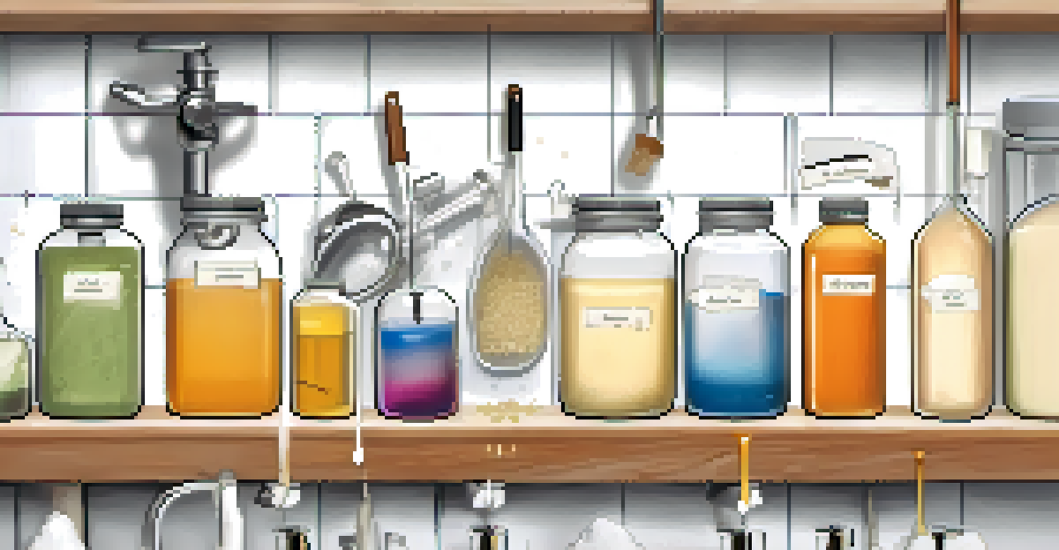 A step-by-step visual guide to the saponification process, with six labeled images showing each stage, set in a clean, bright kitchen with organized soap-making tools.