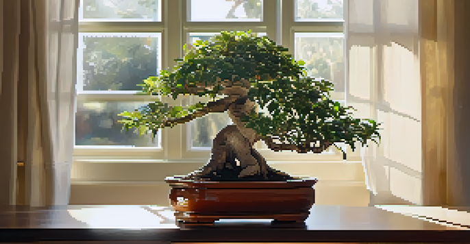 An indoor setting with a ficus bonsai tree in a ceramic pot on a wooden table, illuminated by soft sunlight from a window.