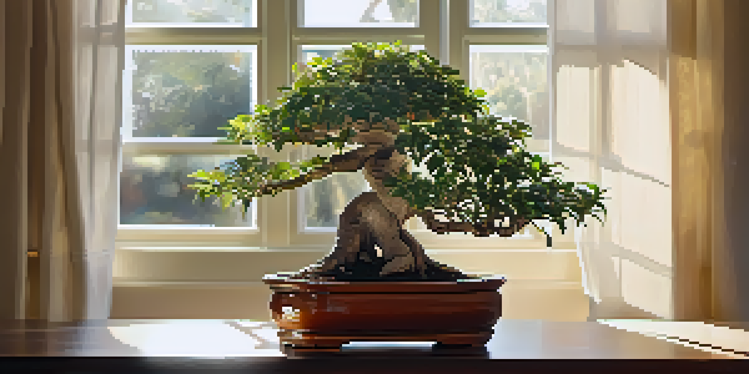 An indoor setting with a ficus bonsai tree in a ceramic pot on a wooden table, illuminated by soft sunlight from a window.