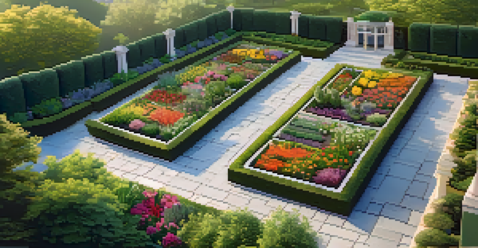 An aerial view of a well-arranged garden with flowers, vegetables, and herbs, showcasing pathways and lush greenery.