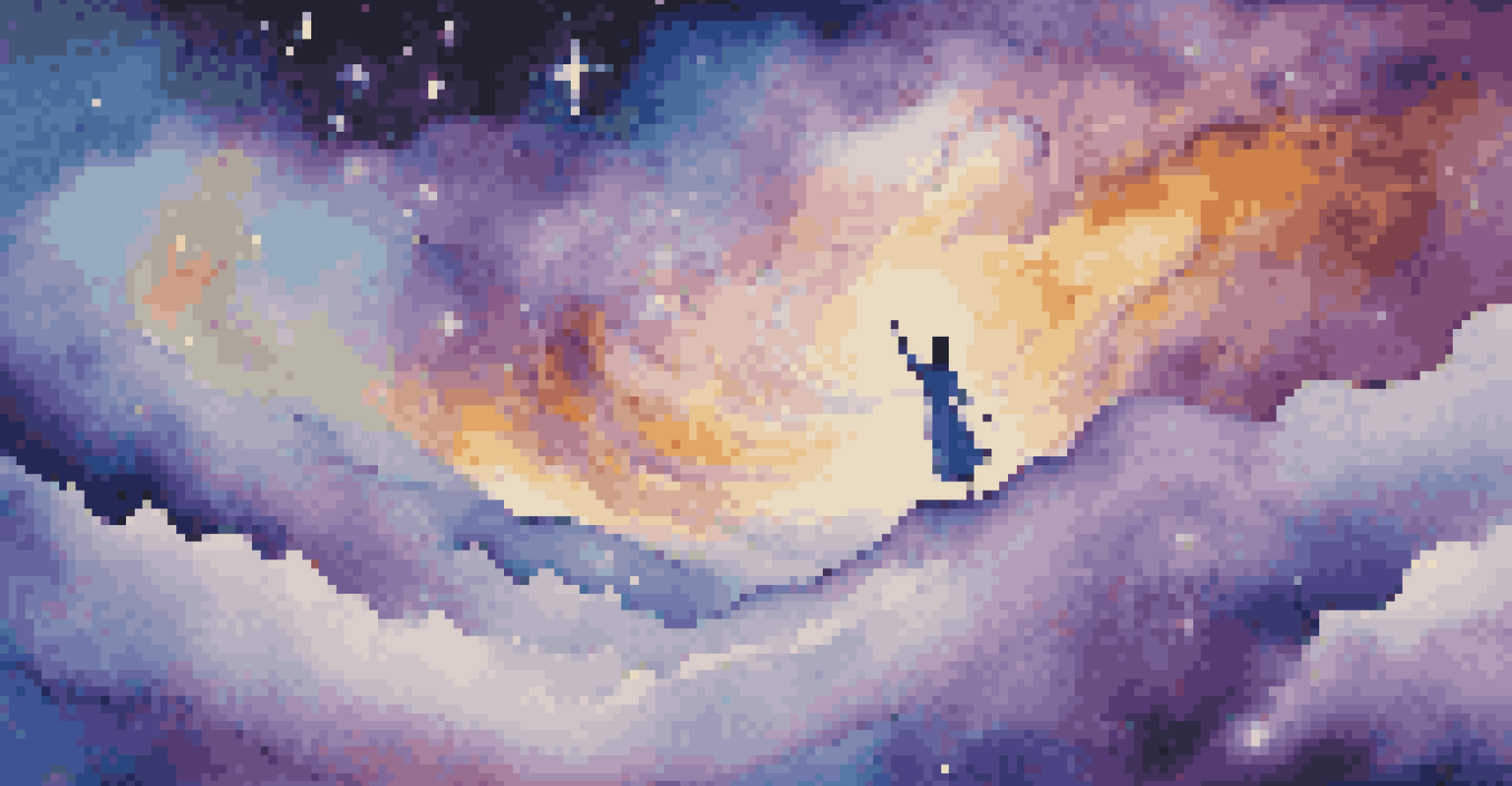 A figure floating in an astral landscape filled with colorful clouds and shimmering stars, embodying a sense of wonder.