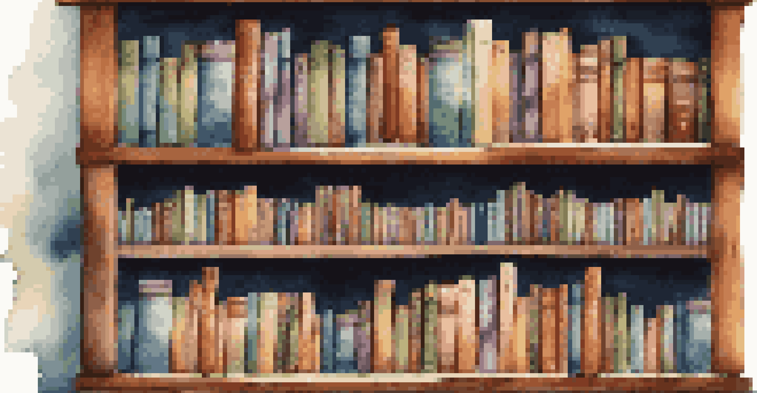 A wooden bookshelf filled with diverse and colorful books, with people reading in the background.