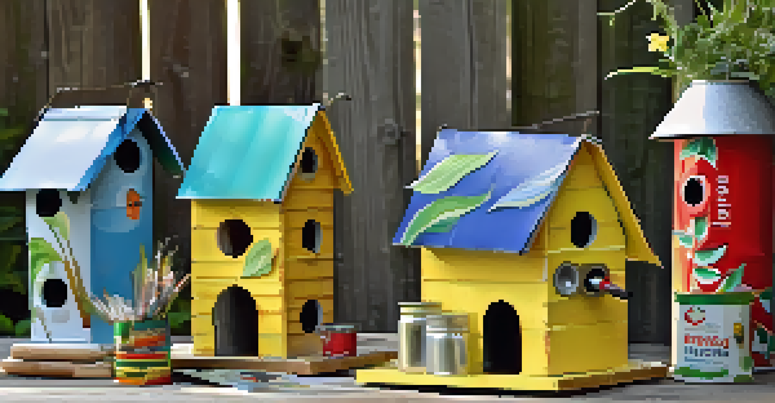 A unique birdhouse made from recycled materials displayed on a wooden table with nature-themed decorations and a sign.