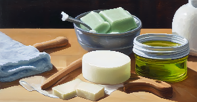 A close-up of a soap-making process, with a glass bowl of creamy soap mixture, olive oil, coconut oil, and lye in the background, illuminated by soft natural light.