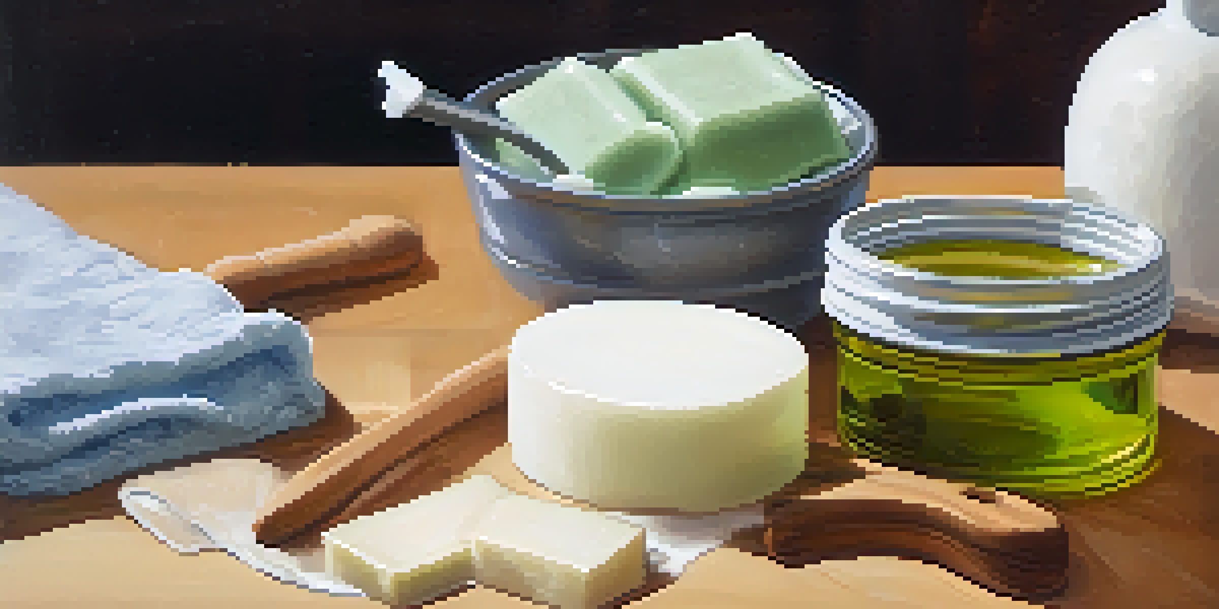 A close-up of a soap-making process, with a glass bowl of creamy soap mixture, olive oil, coconut oil, and lye in the background, illuminated by soft natural light.