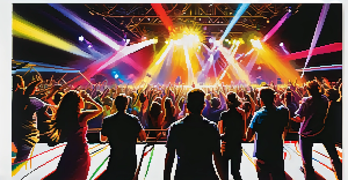 A lively concert with colorful lights and an engaged audience, experiencing the music and visuals.