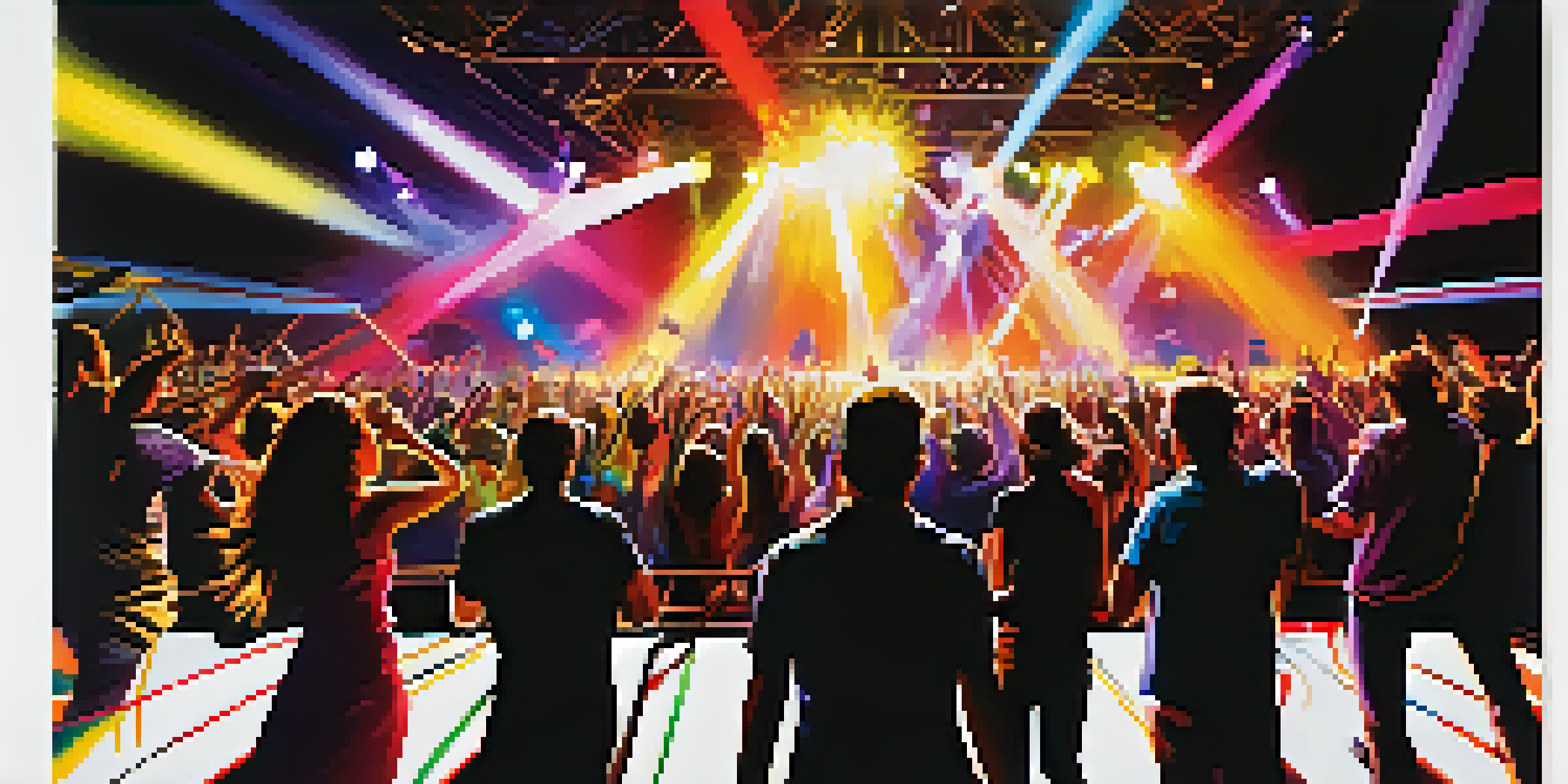 A lively concert with colorful lights and an engaged audience, experiencing the music and visuals.