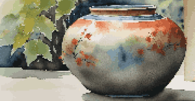 A close-up of a colorful Raku pottery piece in a tranquil garden setting, highlighting its textures and glazes.
