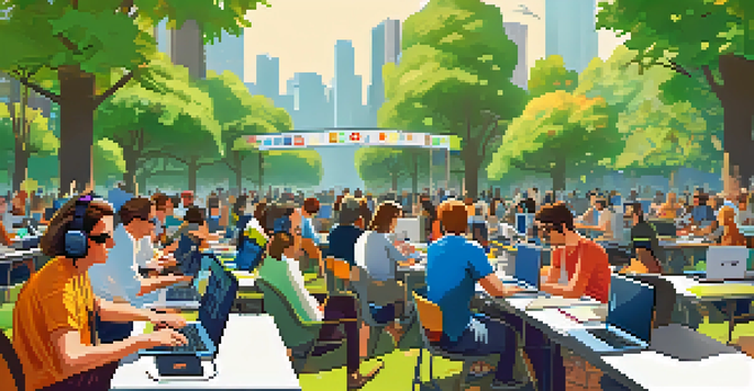 A lively outdoor workshop where artists and coders collaborate, surrounded by nature and showcasing open source tools.