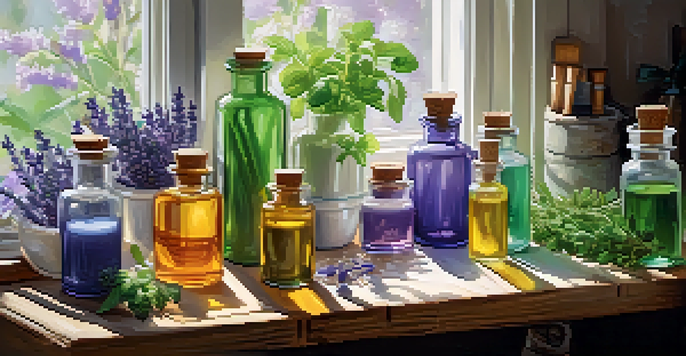 A soap-making workspace with essential oils, herbs, and soap molds, illuminated by soft natural light.