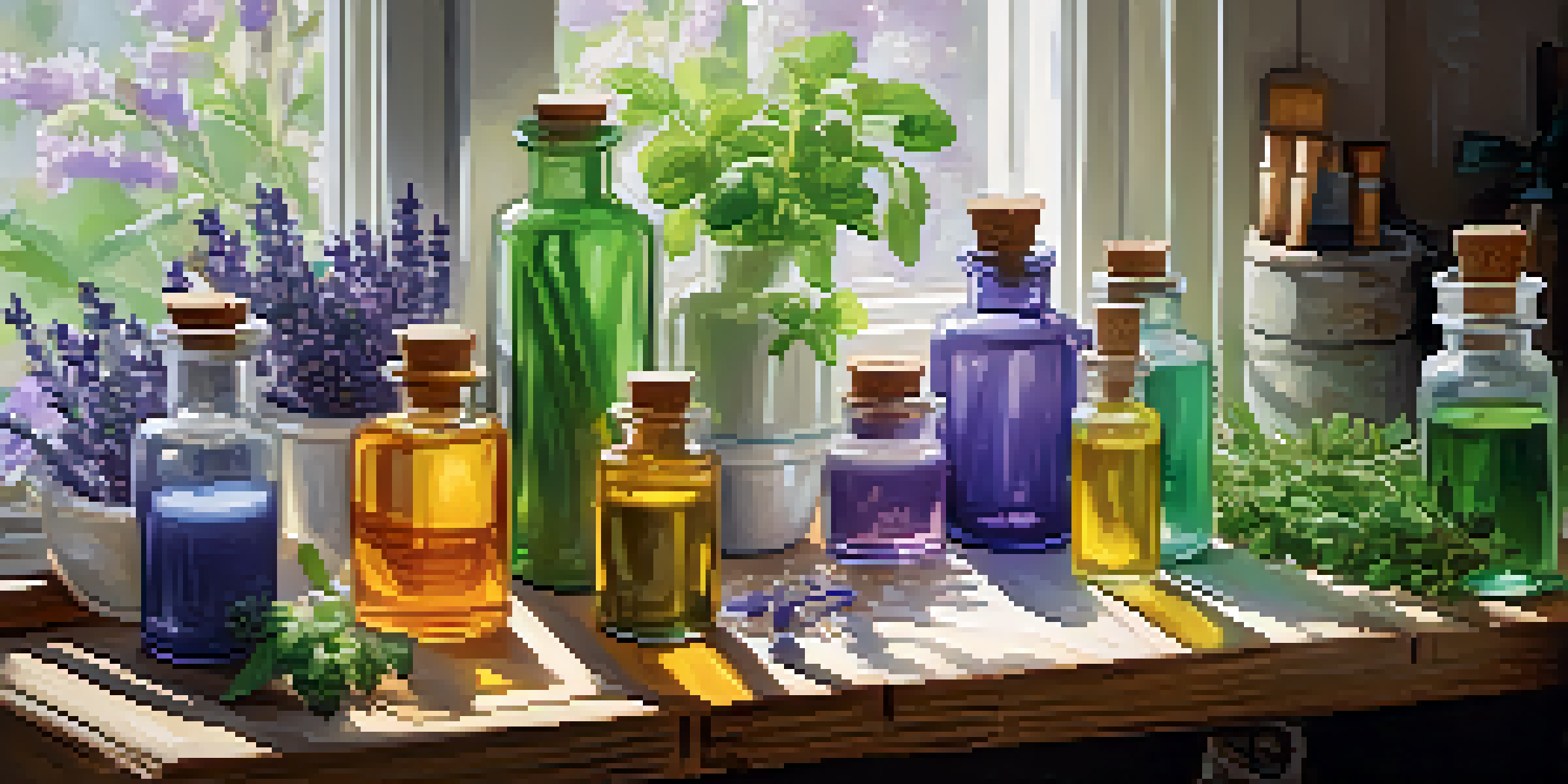 A soap-making workspace with essential oils, herbs, and soap molds, illuminated by soft natural light.