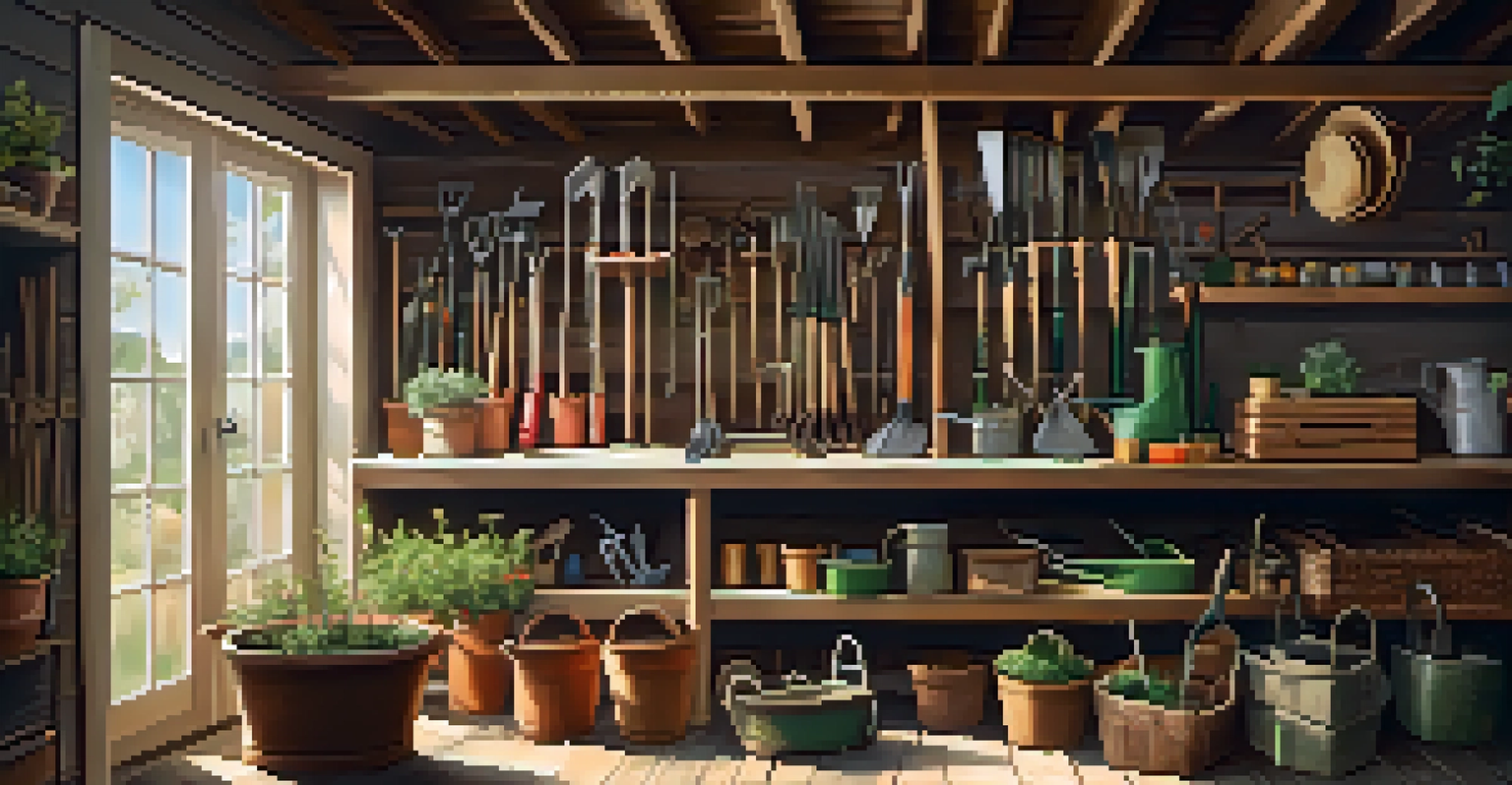 An organized garden shed with a variety of gardening tools on wooden shelves, illuminated by sunlight coming through a window.