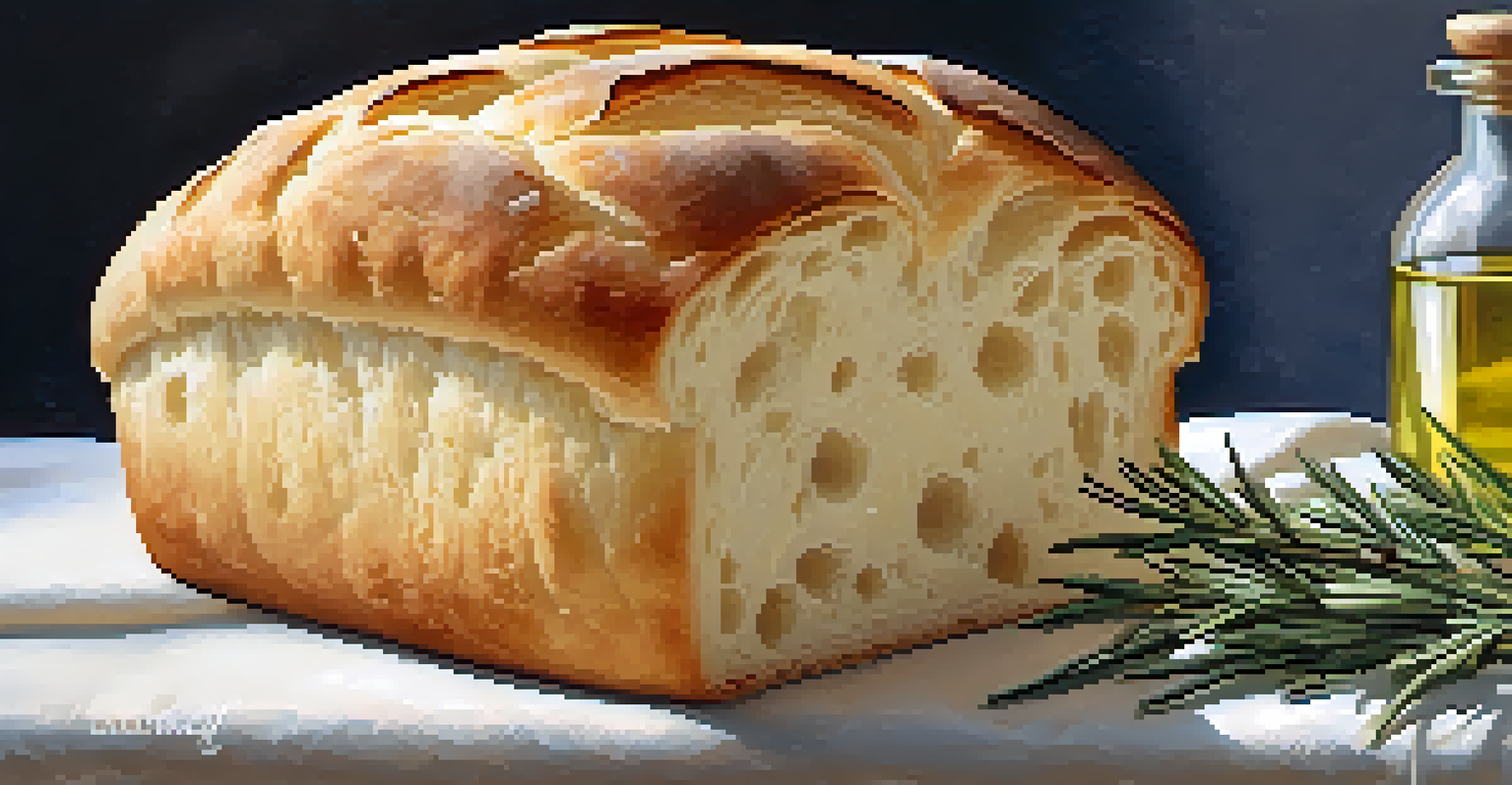 A close-up image of freshly baked focaccia bread with a dimpled surface, topped with olive oil, rosemary, and sea salt, highlighting its fluffy interior.