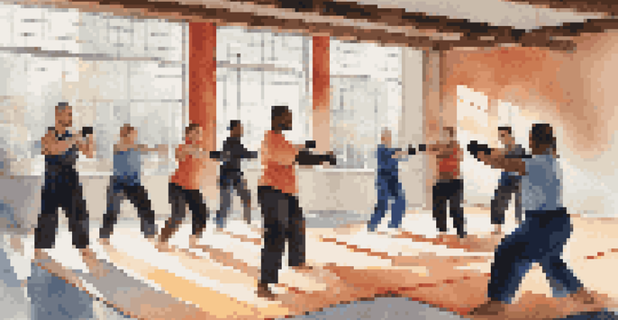 A group of diverse individuals practicing self-defense techniques in a brightly lit training studio, wearing different colored martial arts uniforms.