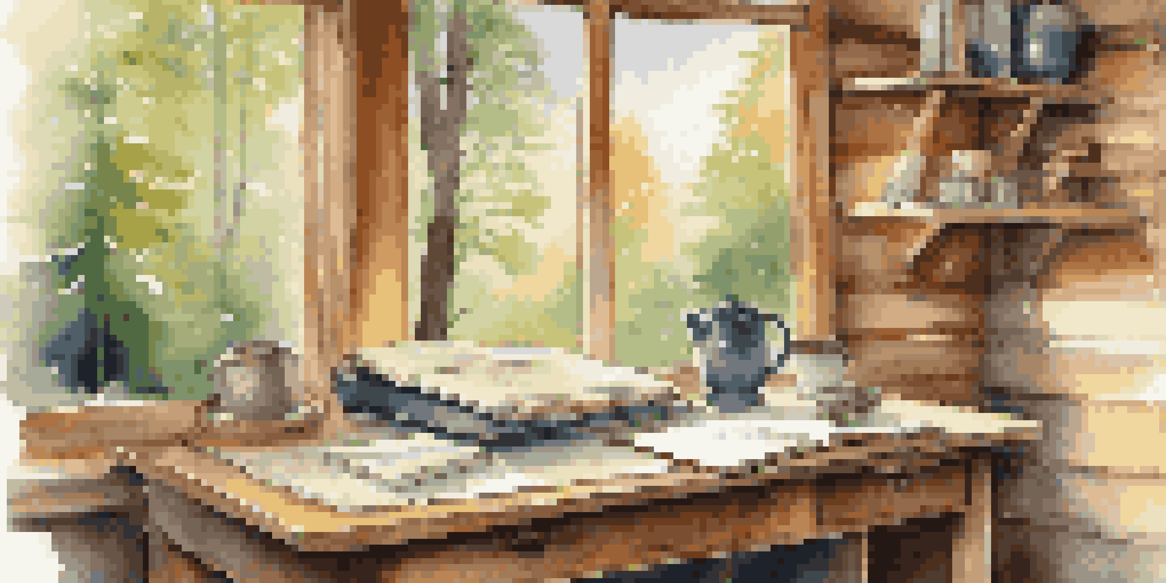 A cozy cabin in the woods with a writing desk, open notebook, and a cup of tea, surrounded by trees and soft sunlight.