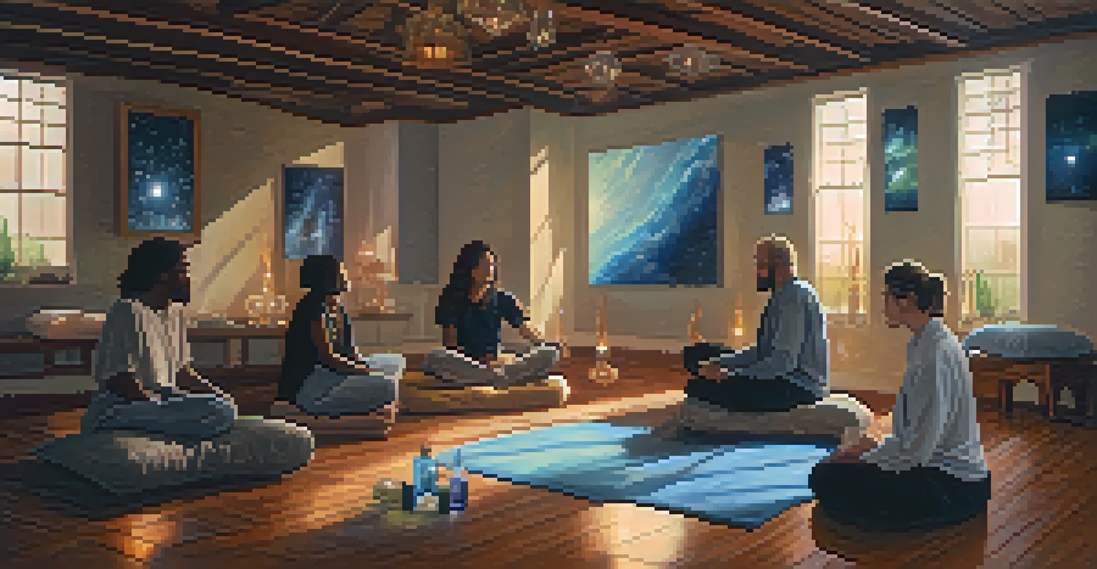 An indoor workshop space for astral projection, with participants discussing and crystals arranged on a table, illuminated by soft ambient lighting.