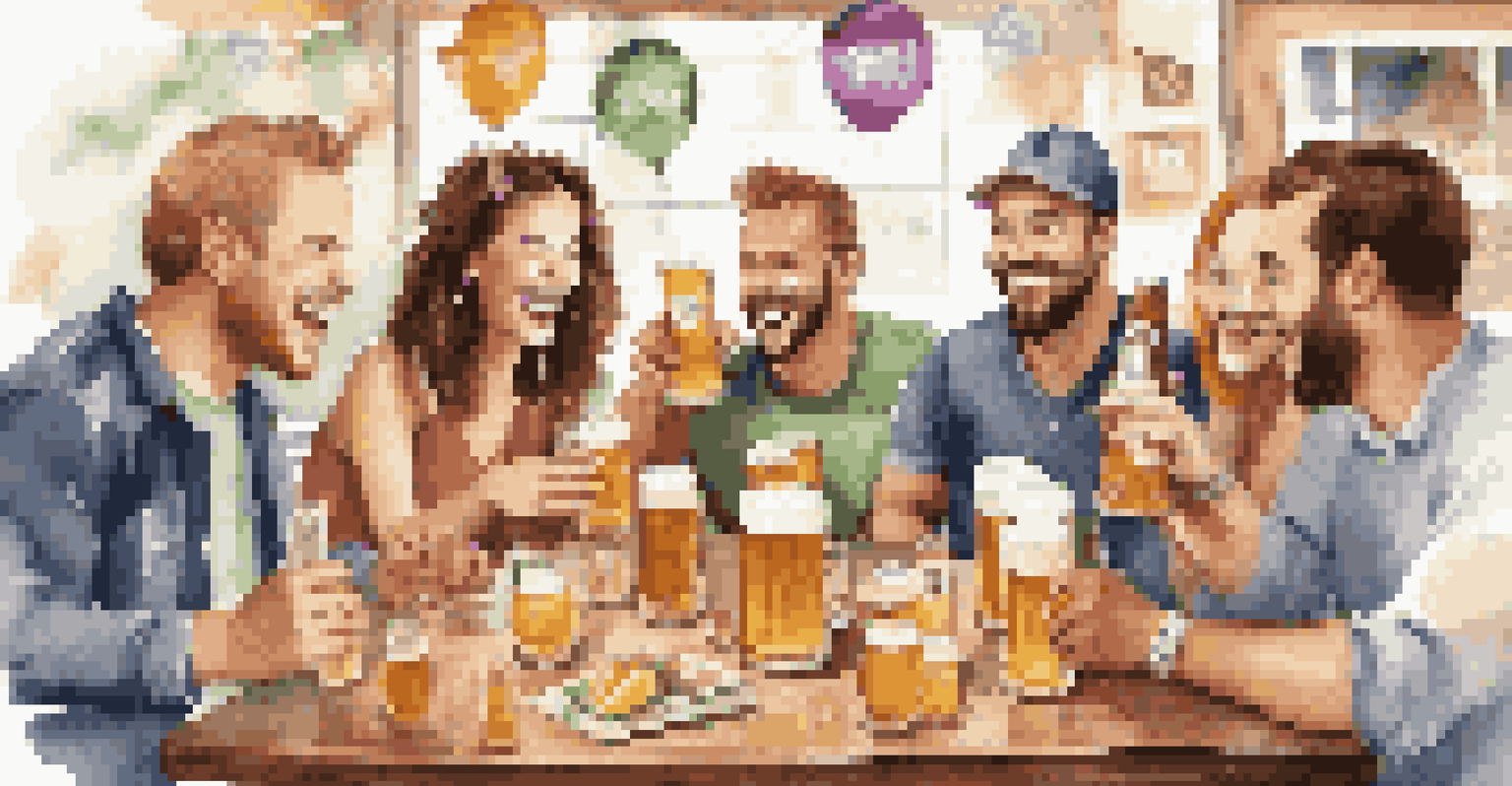 A group of friends participating in a beer trivia game at a tasting party, with laughter and colorful decorations around them.