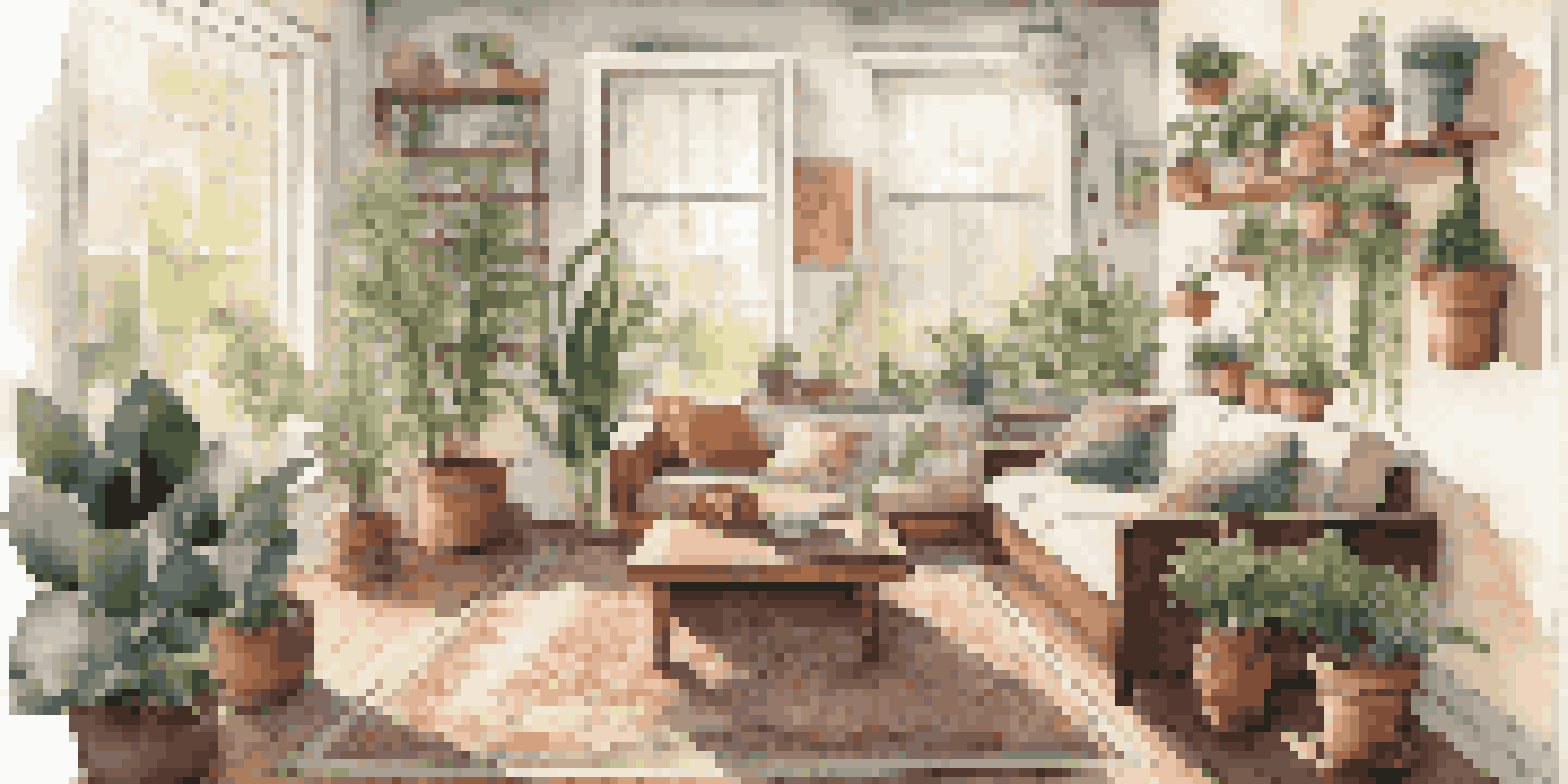 A bright and inviting living room with reclaimed wood furniture, organic cotton cushions, potted plants, and a vintage rug, illuminated by soft natural light.