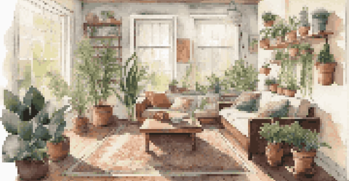 A bright and inviting living room with reclaimed wood furniture, organic cotton cushions, potted plants, and a vintage rug, illuminated by soft natural light.