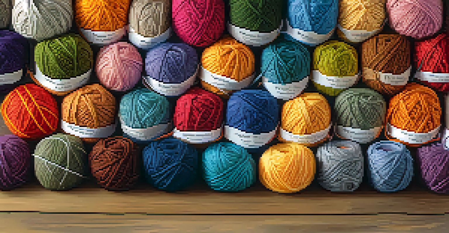 A neat arrangement of various crochet stitches on a wooden surface, labeled and showcasing different textures and colors.