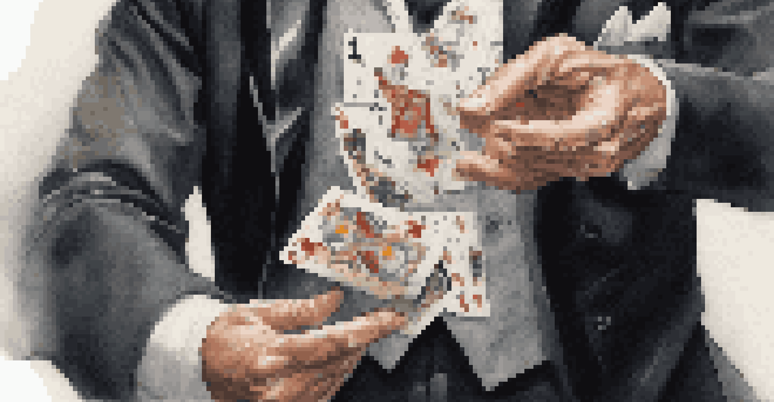 A magician's hands skillfully performing a card trick with cards floating in mid-air, showcasing intricate details.