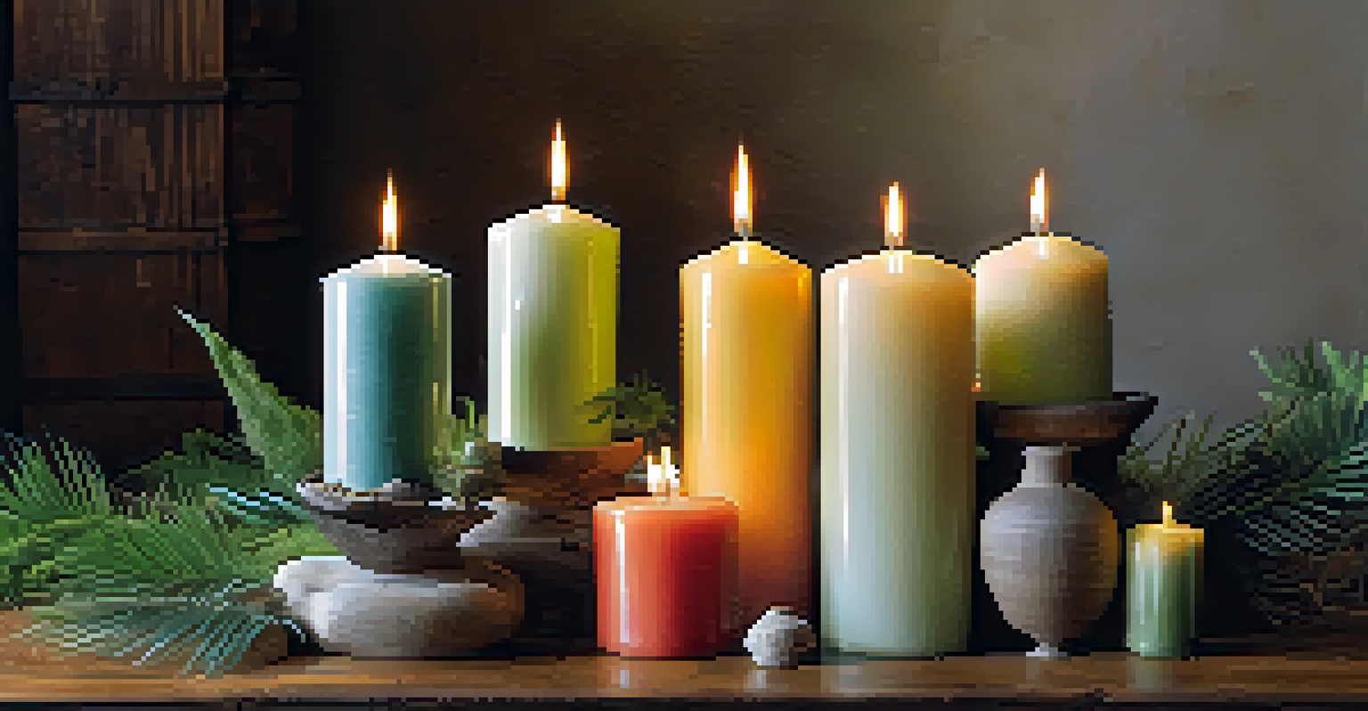 An arrangement of finished soy wax and palm wax candles in different shapes on a wooden table with greenery in the background.