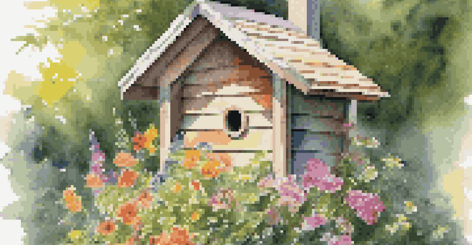 An accessible birdhouse made from cedar wood, placed in a sunlit garden with colorful flowers around it, designed for easy bird access.
