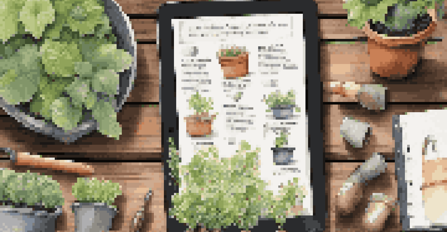 A flat lay of gardening apps on a tablet with gardening books, a notebook, and a watering can on a wooden table.
