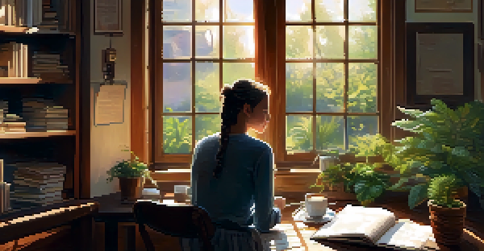 A person journaling in a cozy room with warm sunlight and a cup of coffee.
