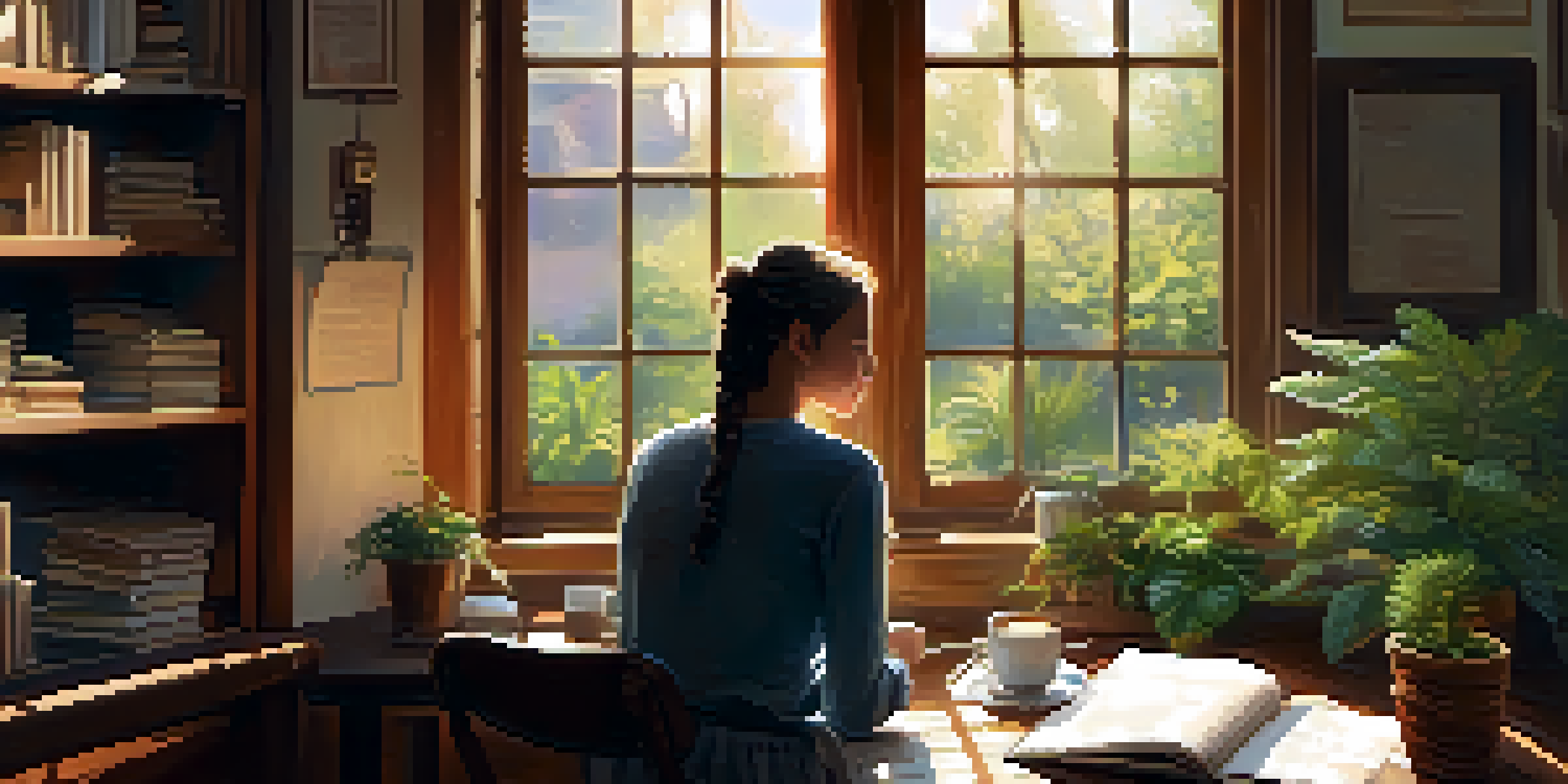 A person journaling in a cozy room with warm sunlight and a cup of coffee.