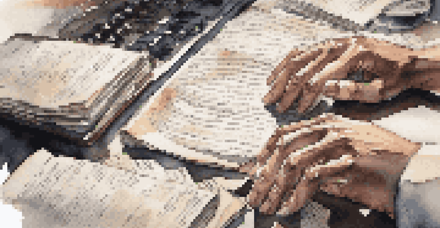 A close-up of hands typing on a laptop with scattered pages of scripts and notes, in a warmly lit environment.