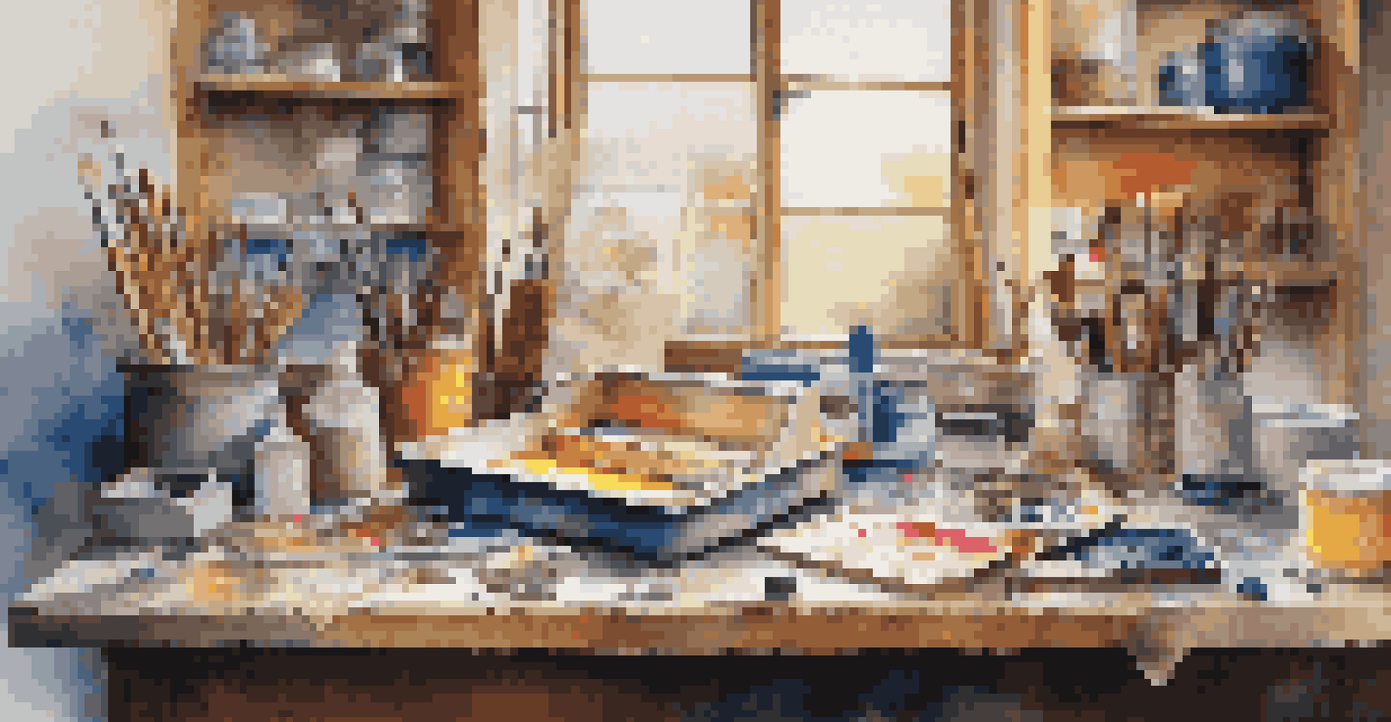 An artist's workspace for encaustic painting, featuring tools, colorful wax, and a partially completed artwork in natural light.