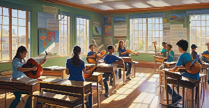A lively classroom scene where students are learning music theory, surrounded by colorful educational posters and sunlight streaming in.