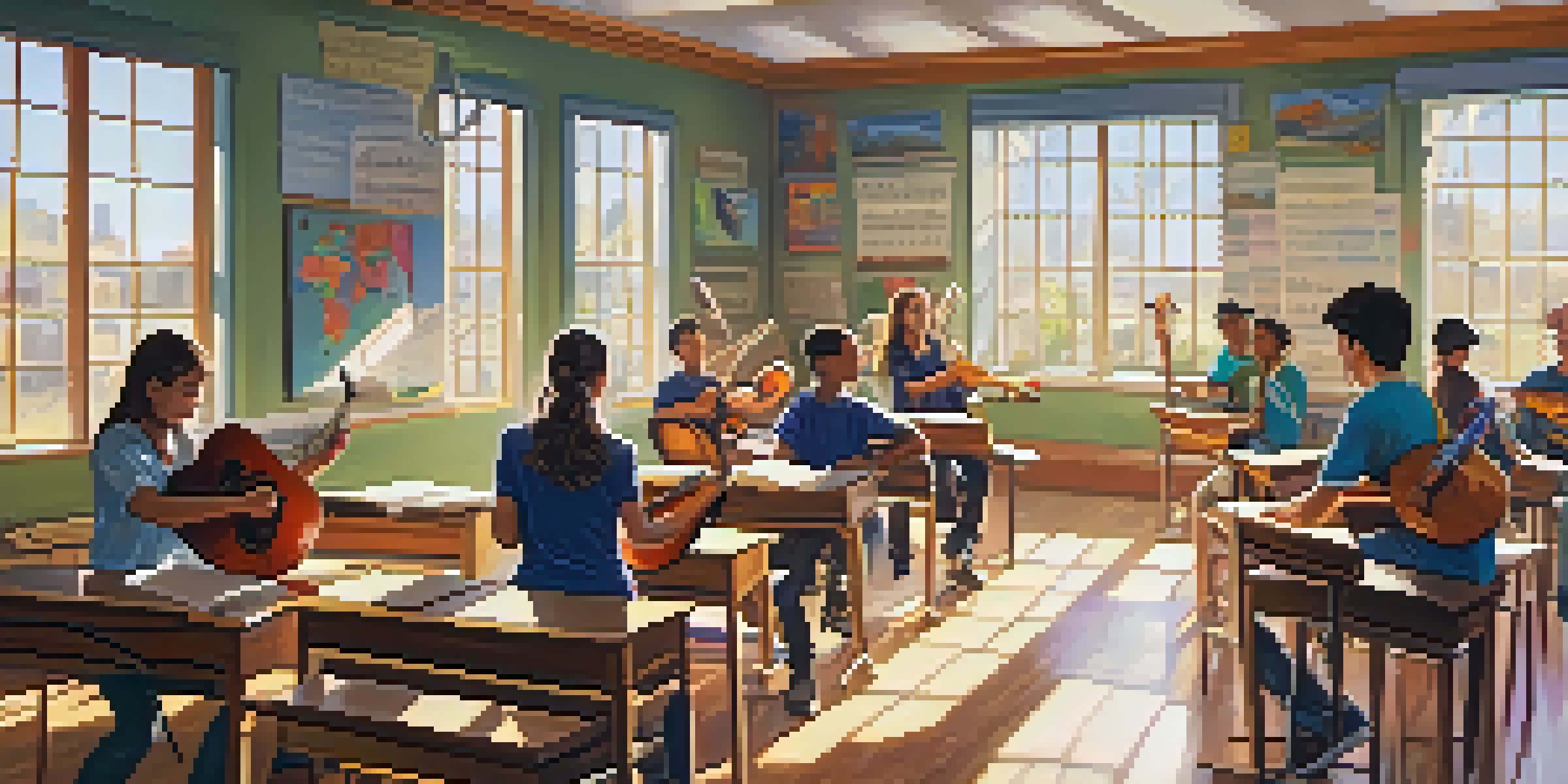 A lively classroom scene where students are learning music theory, surrounded by colorful educational posters and sunlight streaming in.