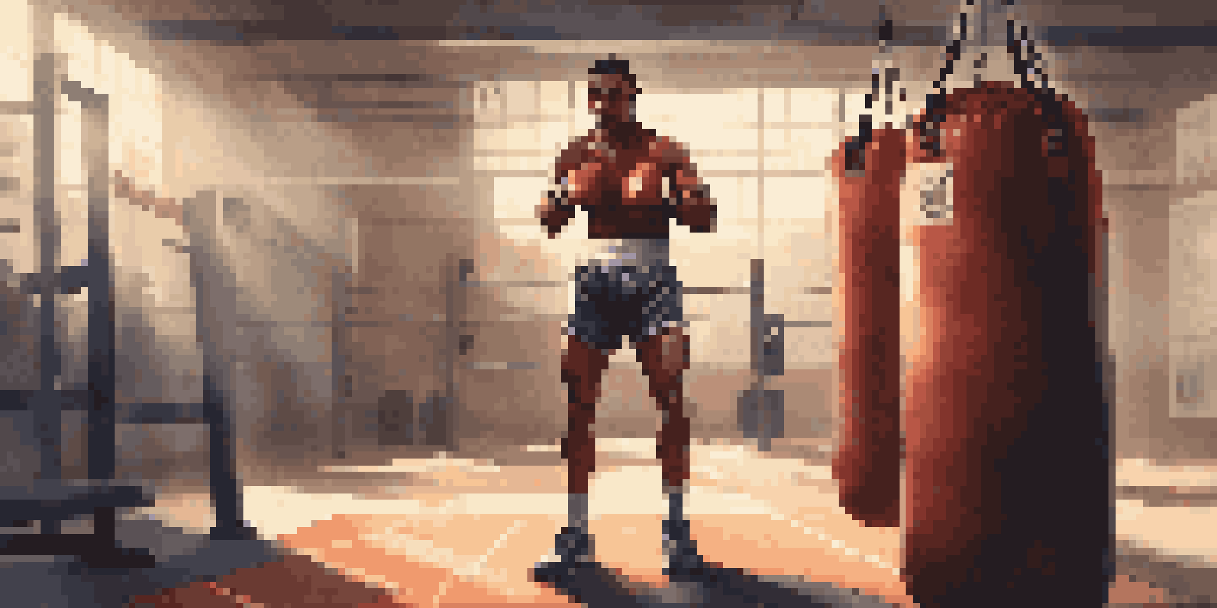 A boxer in a gym, focused and determined, with sweat on their muscles and motivational posters in the background.