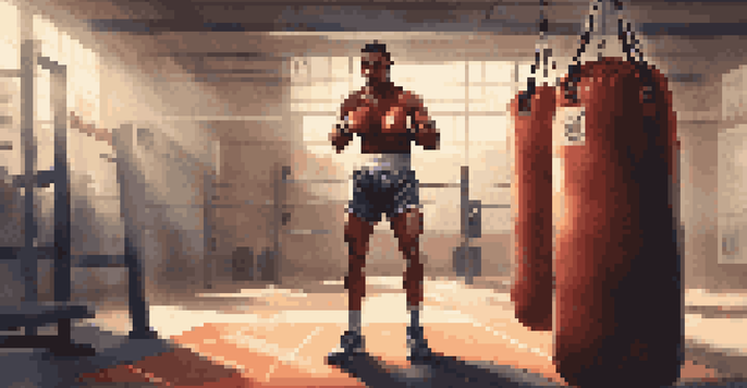 A boxer in a gym, focused and determined, with sweat on their muscles and motivational posters in the background.
