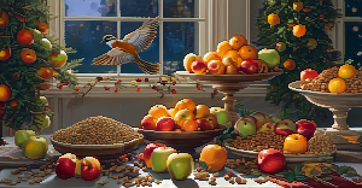 A homemade bird food station with colorful fruits, nuts, and seeds, featuring birdseed ornaments, all bathed in the warm glow of sunset.